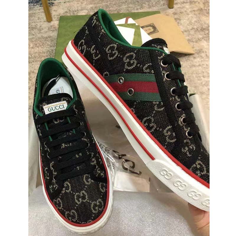 Gucci GG Unisex Tennis 1977 Black Ivory Denim Jacquard Flat 1.5 cm Heel