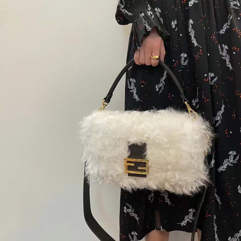 Fendi Women FF Baguette Brooch White Mohair Wool Bag