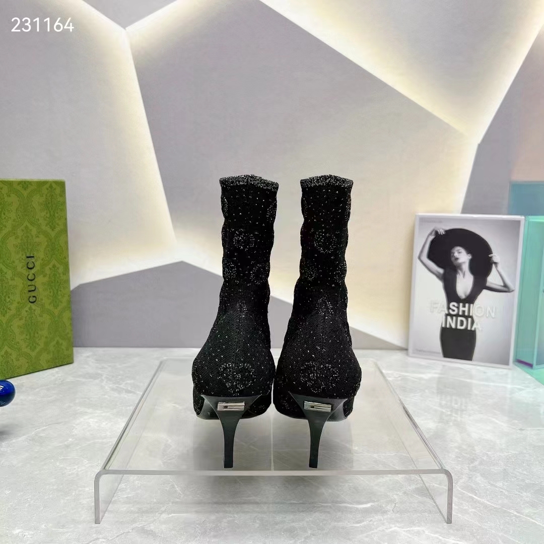Gucci Women GG Knit Ankle Boots Black Grey Technical Knit Fabric Square Toe Leather Mid-Heel
