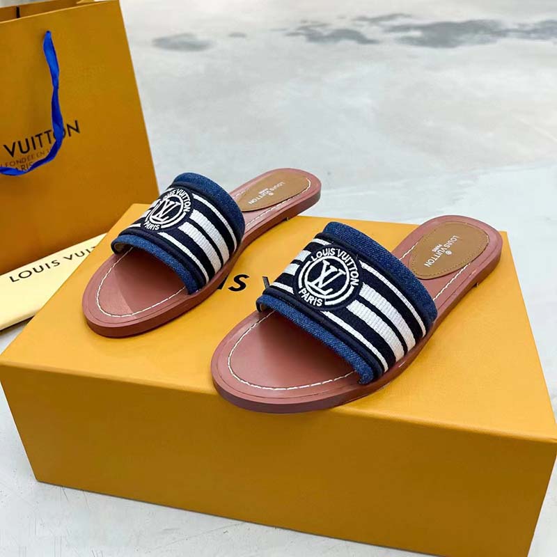 Louis Vuitton LV Women Lock It Flat Mule Blue Denim Leather LV Circle