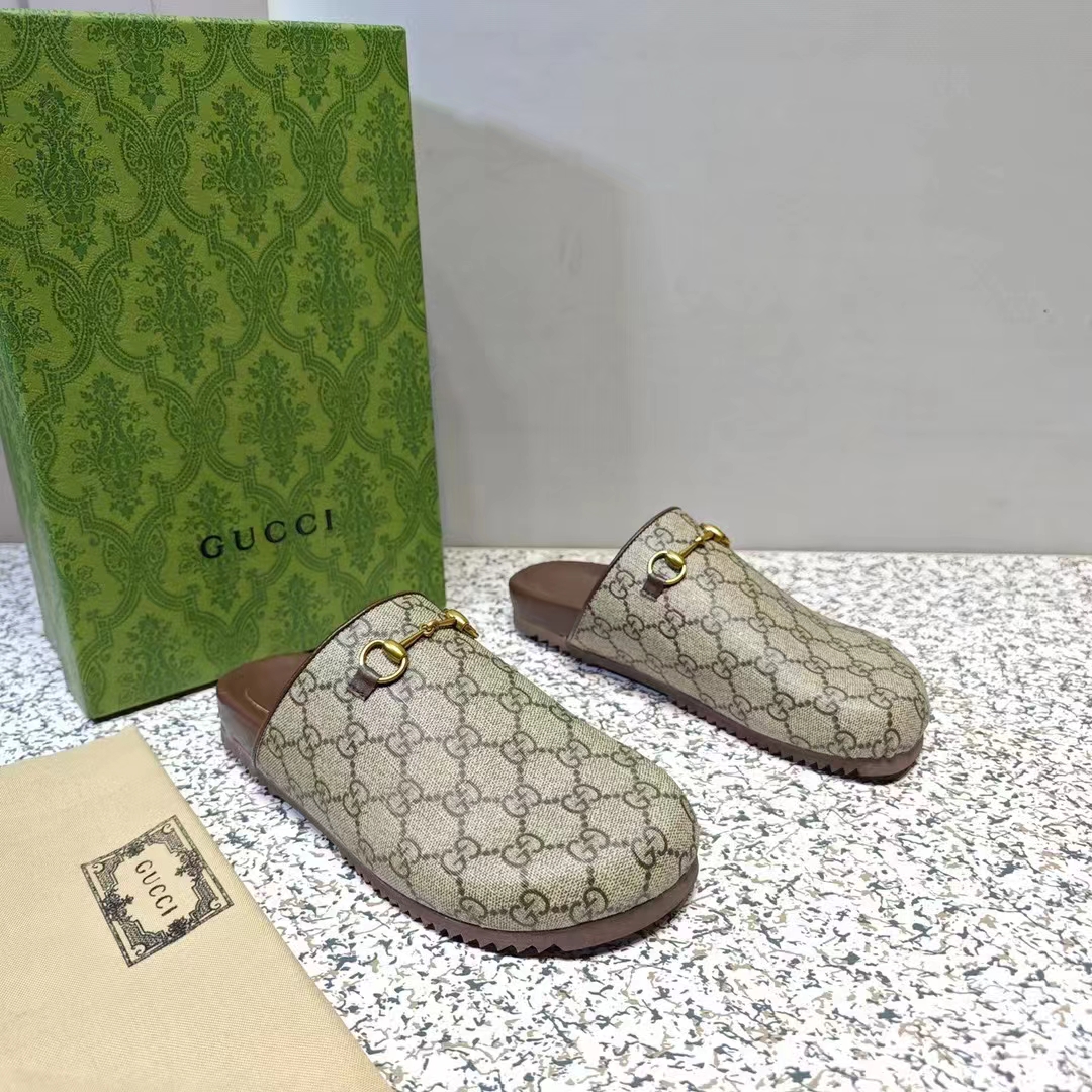Gucci Unisex Horsebit Slipper Beige Ebony GG Supreme Leather Horsebit Flat 1 CM Heel