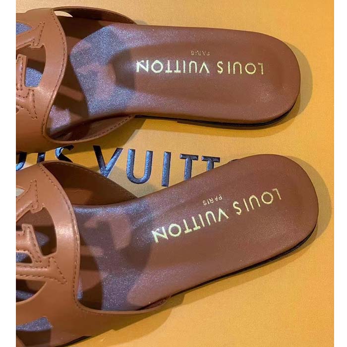 Louis Vuitton LV Unisex Isola Flat Mule Cognac Brown Calf Leather Circle Signature