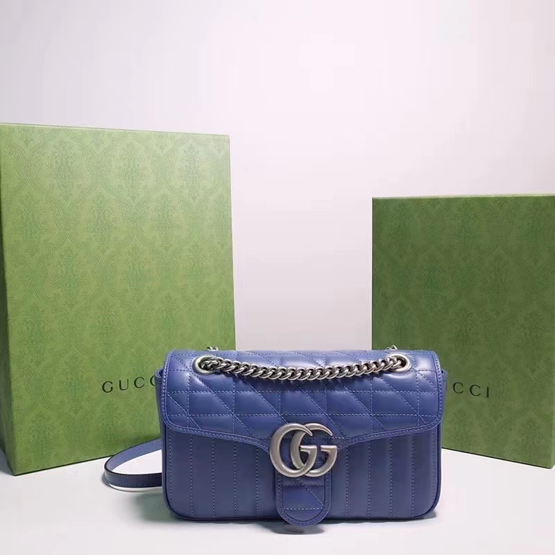 Gucci Women GG Marmont Small Shoulder Bag Blue Matelassé Leather Double G