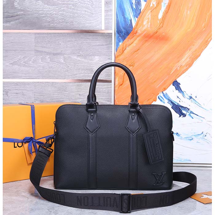 Louis Vuitton LV Unisex Takeoff Briefcase Black Grained Calf Leather Cowhide Textile Lining