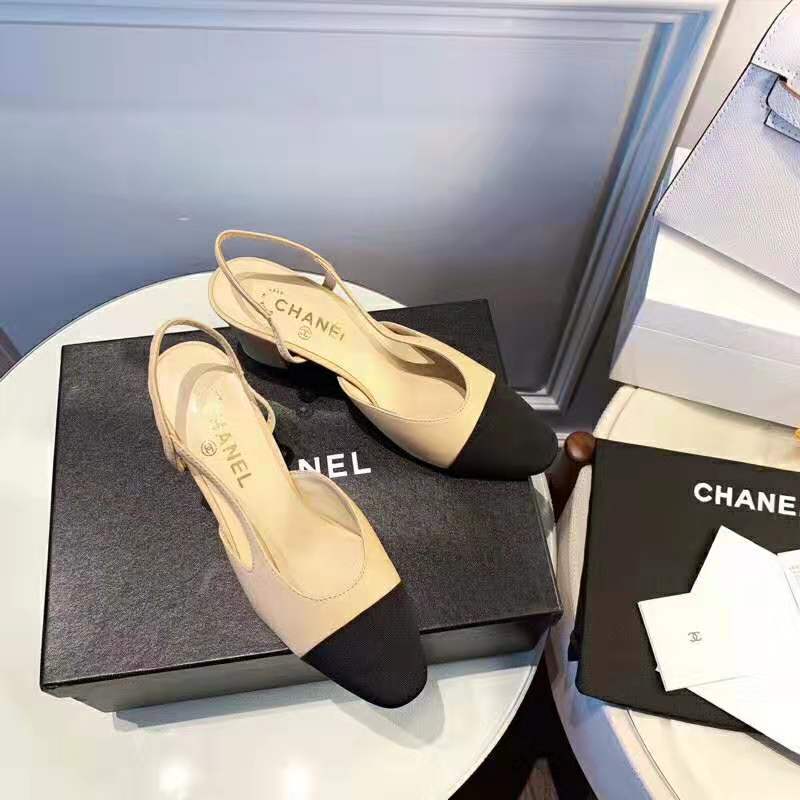 Chanel Women Slingbacks in Goatskin & Grosgrain 6.7 cm Heel-Sandy