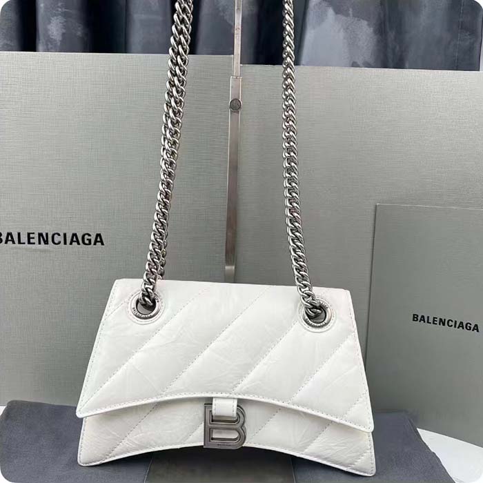 Balenciaga Women Crush Small Chain Bag Quilted White Crushed Calfskin Aged-Silver Hardware