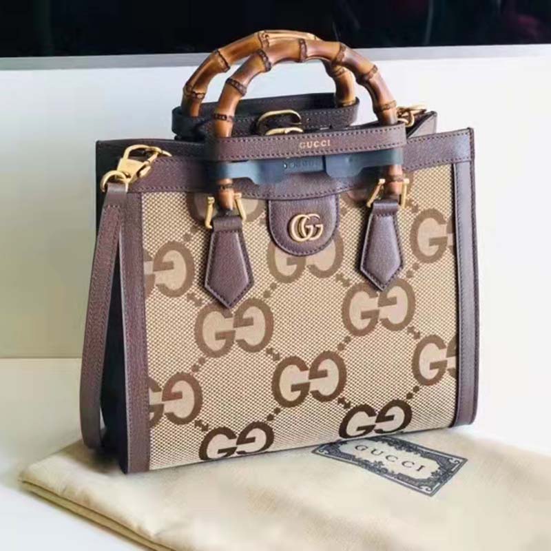 Gucci Women Gucci Diana Jumbo GG Small Tote Bag Double G Camel Canvas