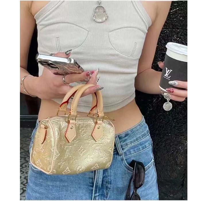 Louis Vuitton LV Women Nano Speedy Beige Monoglam Coated Canvas Zip Closure