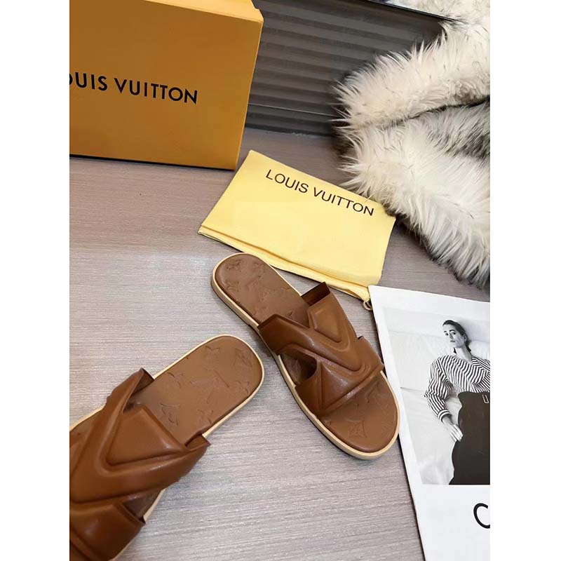 Louis Vuitton LV Unisex Oasis Mule Moka Brown Grained Calf Leather Rubber Signature