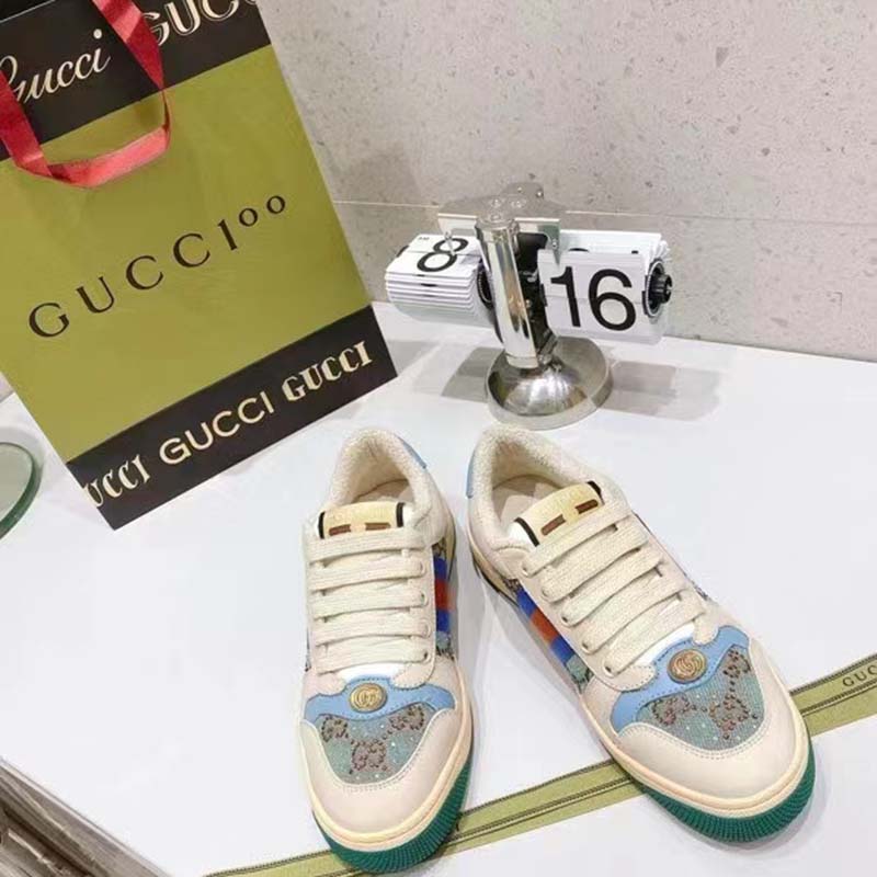 Gucci Unisex Screener Sneaker Crystals Brown Blue GG Canvas 3.6 cm Heel