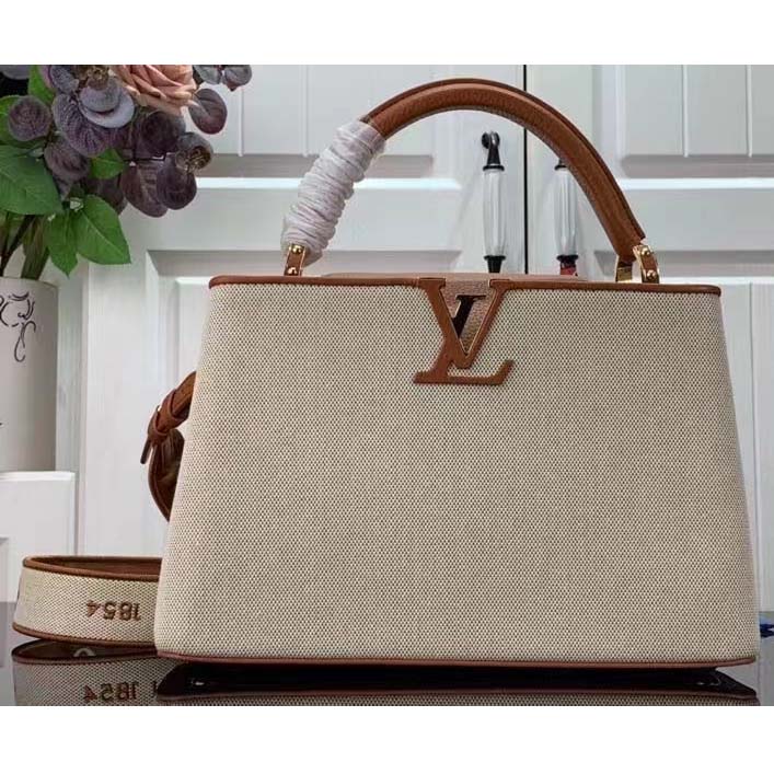 Louis Vuitton LV Women Capucines MM Handbag Caramel Brown Taurillon Leather Canvas