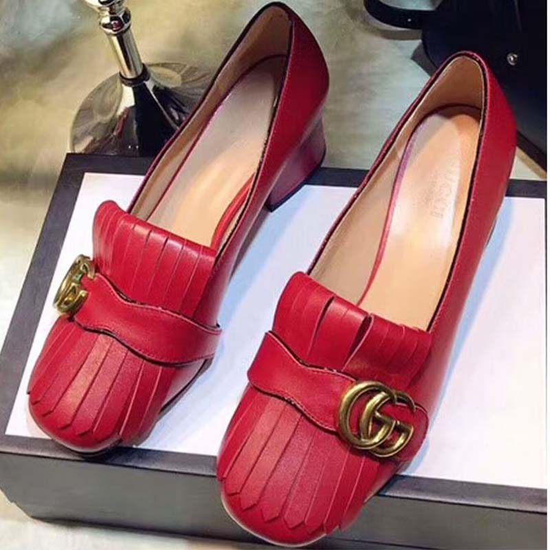 Gucci Women Shoes Leather Mid-Heel Pump 50mm Heel-Red
