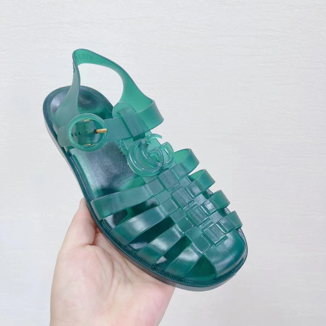Gucci Unisex GG Sandal Double G Transparent Green Rubber Sole Ankle Buckle Flat