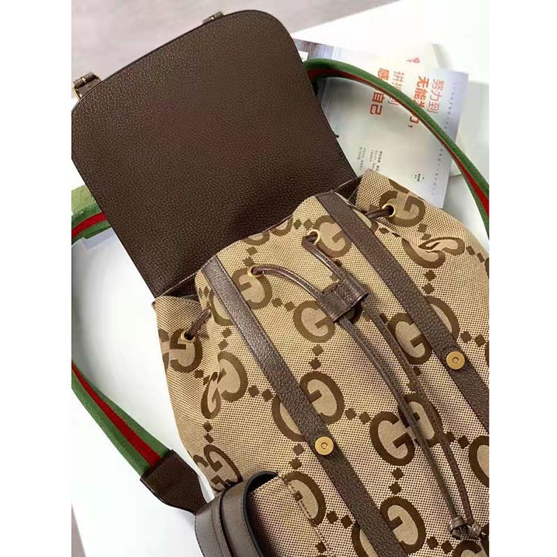 Gucci Unisex Backpack Jumbo GG Camel Ebony Canvas Brown Leather