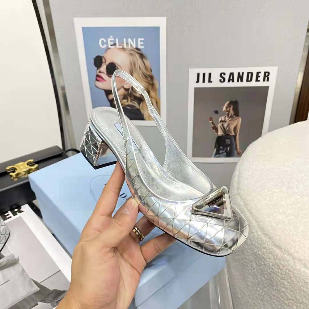 Prada Women Metallic Leather Slingback Pumps in 45mm Heel Height-Silver