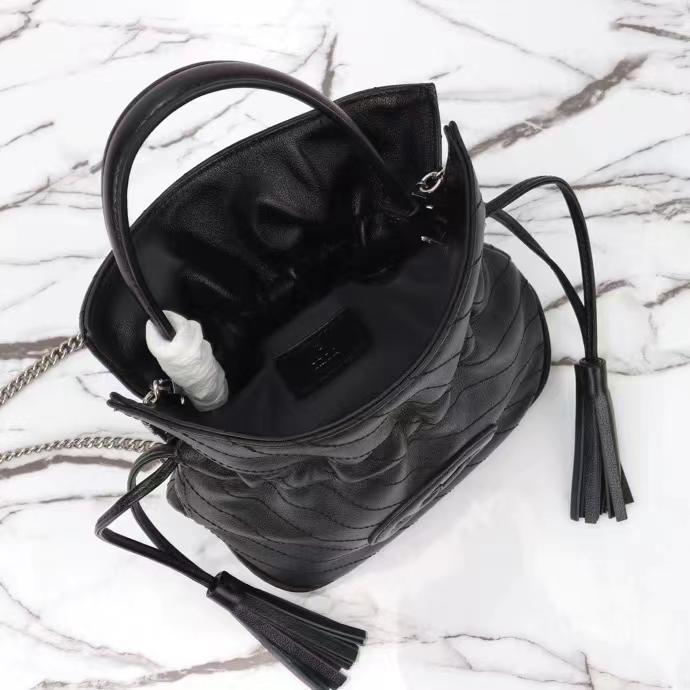 Gucci Women GG Blondie Mini Bucket Bag Black Leather Round Interlocking G