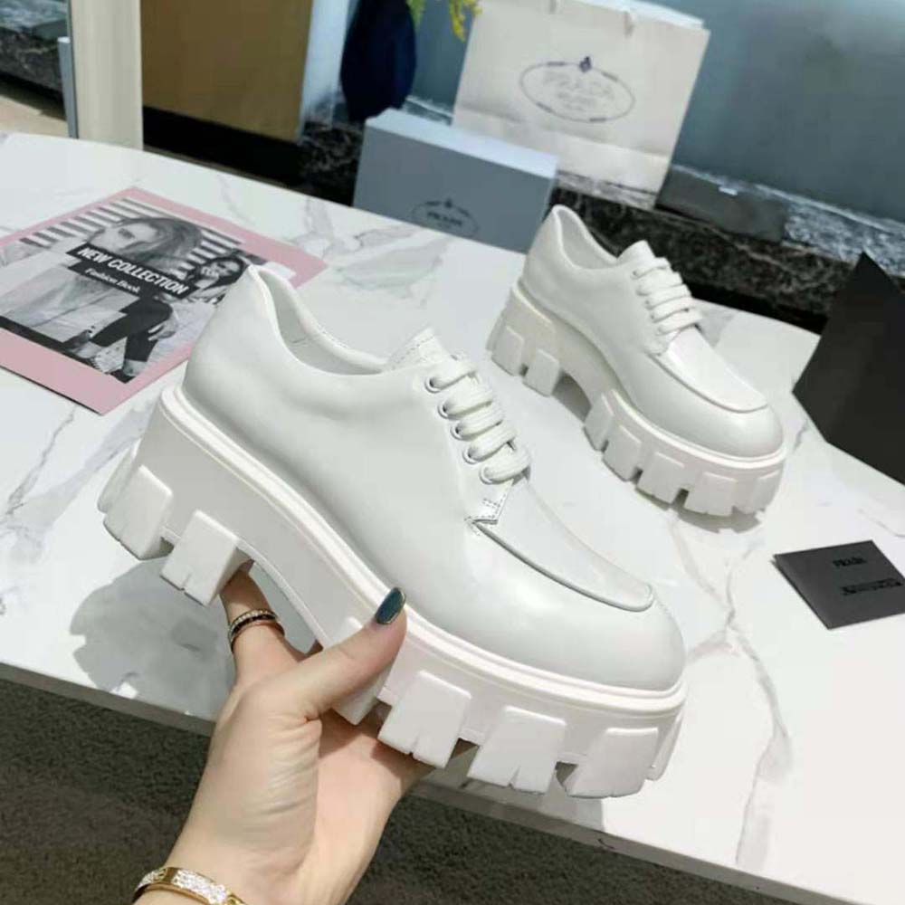 Prada Women Monolith Brushed Leather Lace-up Shoes-White