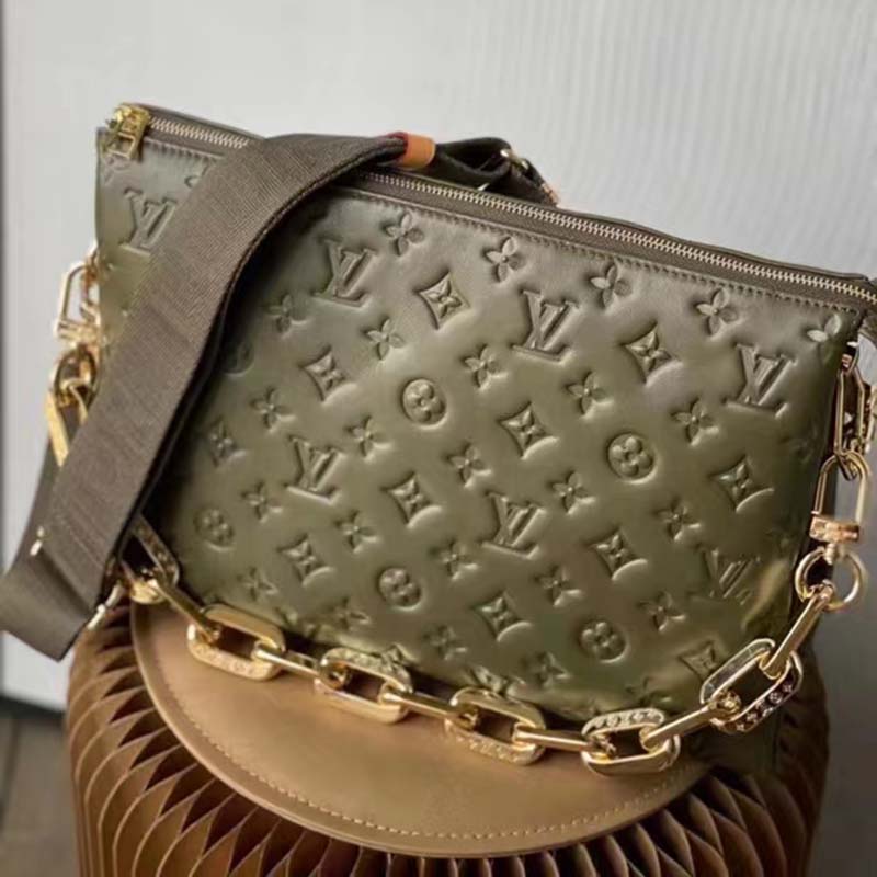 Louis Vuitton LV Women Coussin MM Handbag Khaki Monogram Embossed Puffy Lambskin