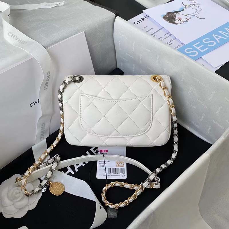 Chanel Women Mini Flap Bag Lambskin Glass Imitation Pearls Strass Gold Silver