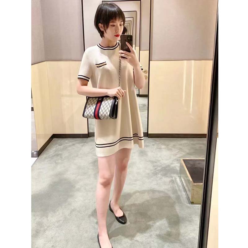 Gucci Women Ophidia GG Small Shoulder Bag Beige Blue GG Supreme Canvas