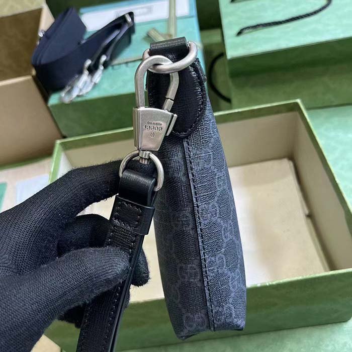 Gucci Unisex Messenger Bag Interlocking G Black Leather GG Supreme Canvas Zip Closure