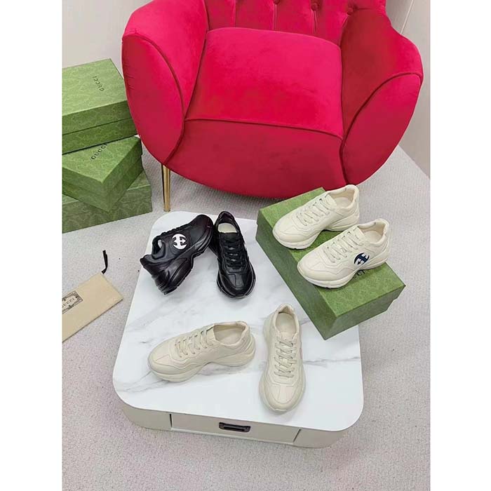 Gucci Unisex Interlocking G Rhyton Sneakers Black Leather White Cut-Out Rubber Sole