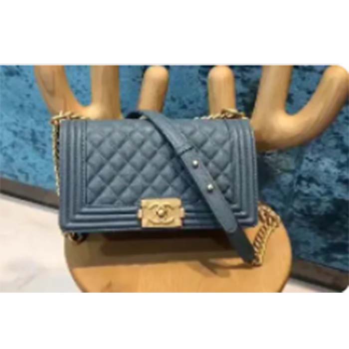 Chanel Women CC Boy Flap Handbag Chevron Quilted Calfskin Leather Navy Blue