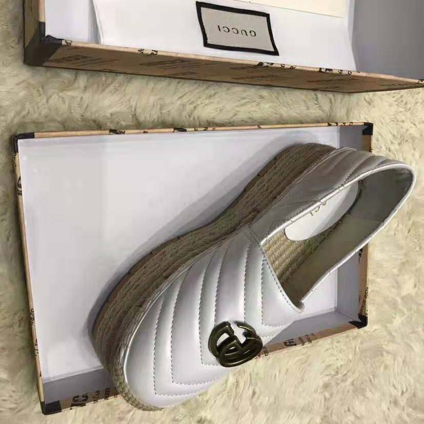 Gucci Women Chevron Leather Espadrille with Double G in 5.1 cm Height-White