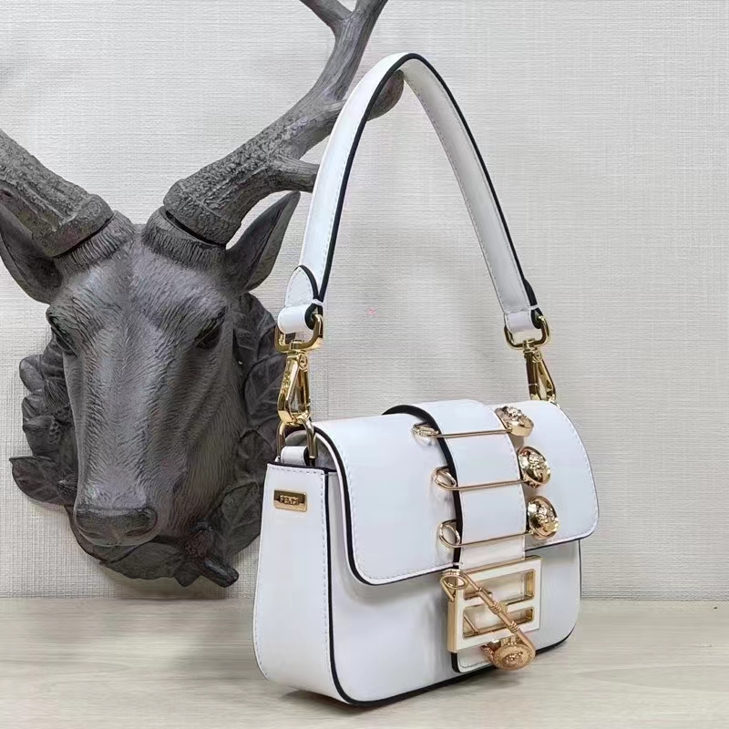 Fendi Women FF Brooch Mini Baguette Fendace White Leather Bag