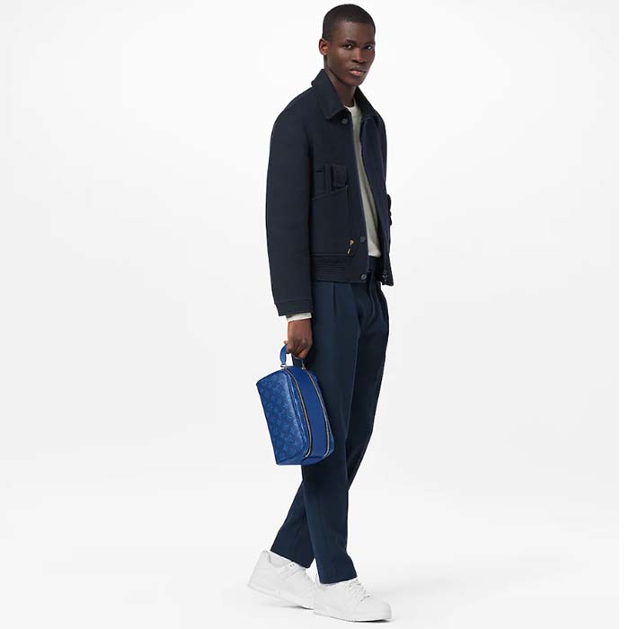 Louis Vuitton LV Unisex Dopp Kit Toilet Pouch Blue Taiga Cowhide Leather Monogram Coated Canvas