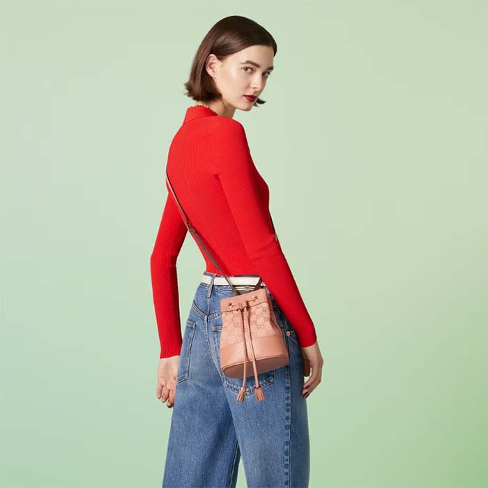 Gucci Women Ophidia Mini GG Bucket Bag Pink Canvas Leather Drawstring Closure