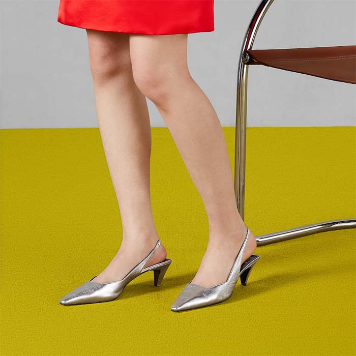 Gucci Women GG Slingback Pump Metallic Silver Leather Interlocking G Square Upper Mid-Heel