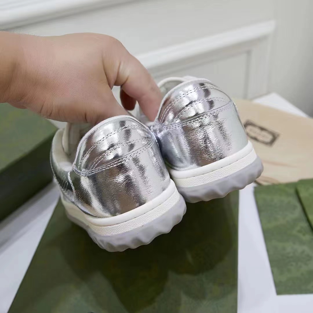 Gucci Unisex GG MAC80 Sneaker Metallic Silver Leather Round Toe Rubber Flat