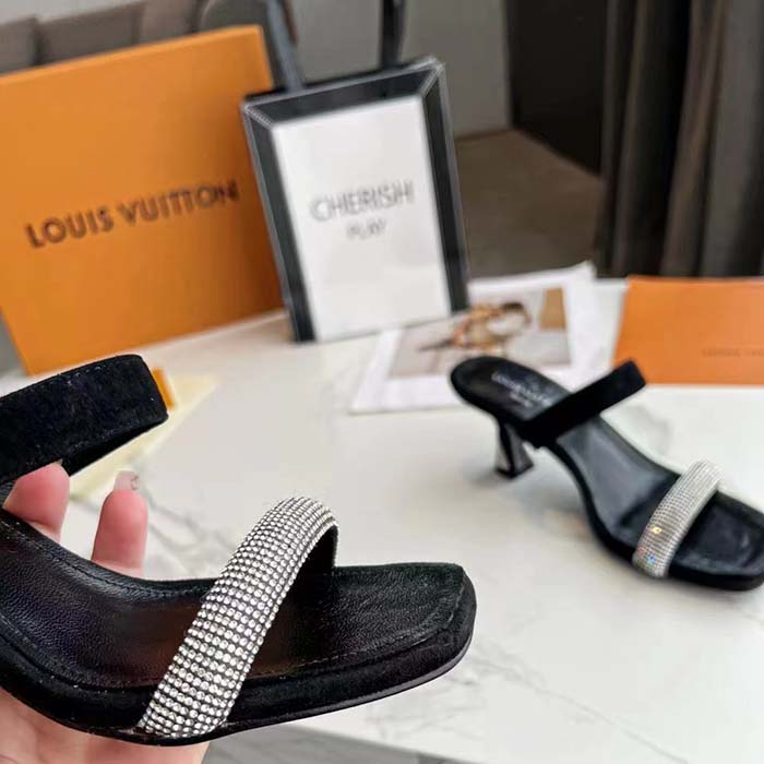Louis Vuitton LV Women Sparkle Sandal Black Satin Strass Leather 9.5 Cm Heel