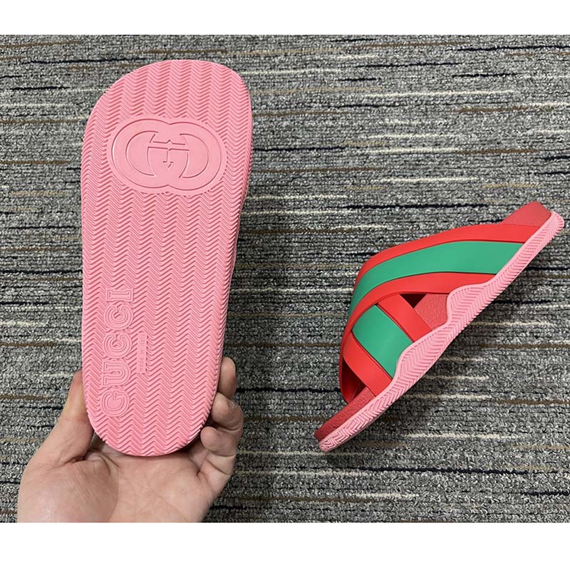 Gucci Women Web Slide Sandal Green Red Rubber Web Straps Rubber Sole Flat