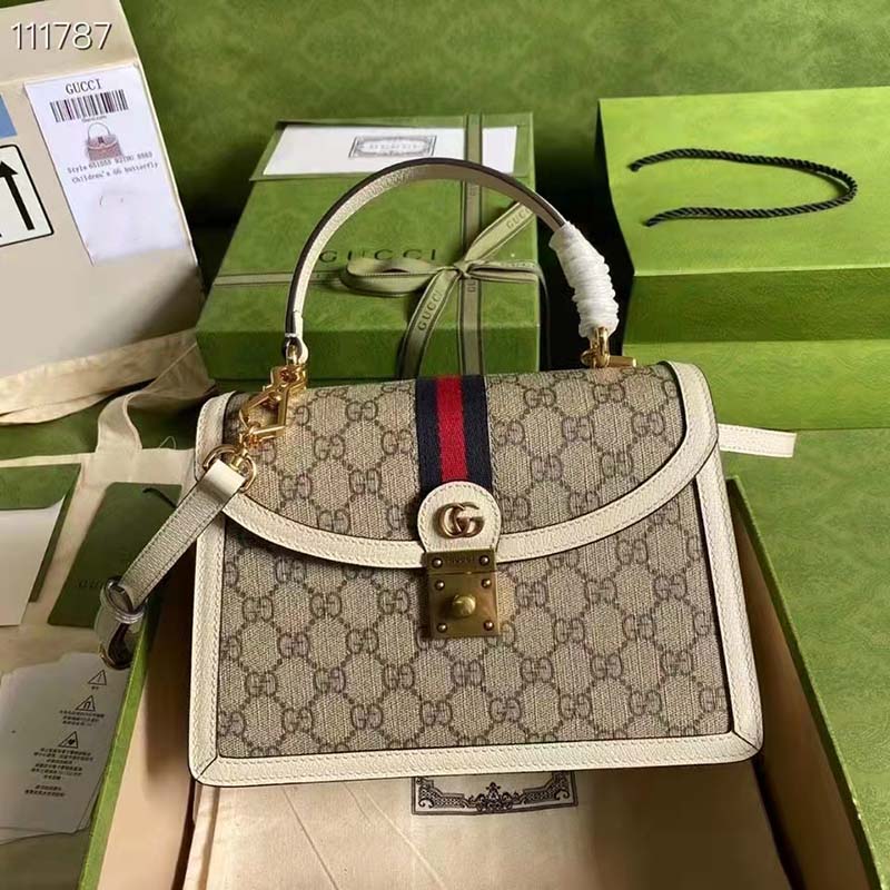 Gucci Women Ophidia Small Top Handle Bag Beige Ebony GG Supreme Canvas