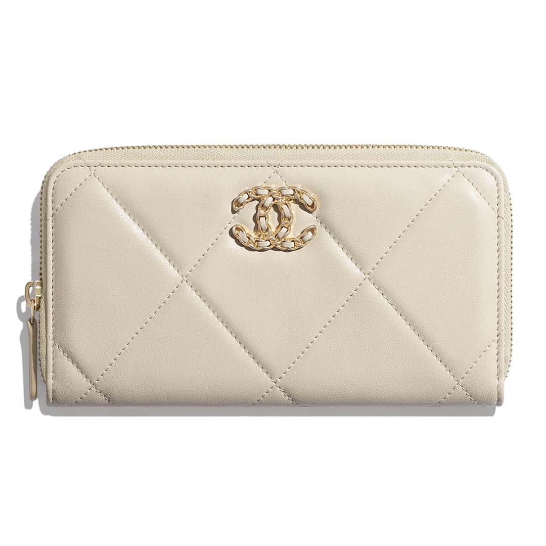 Chanel Women Chanel 19 Long Zipped Wallet Lambskin Leather-Beige                                                                                                                     Lambskin