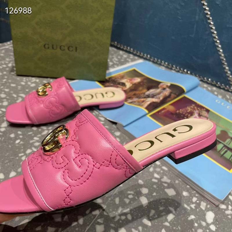 Gucci Women Matelassé Slide Sandal Pink GG Matelassé Leather Square Toe Flat