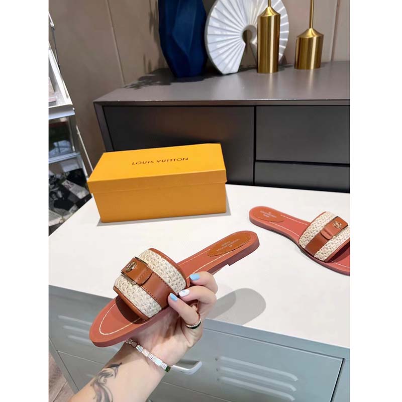 Louis Vuitton LV Women Lock It Flat Mule Cognac Brown Raffia Calf Leather