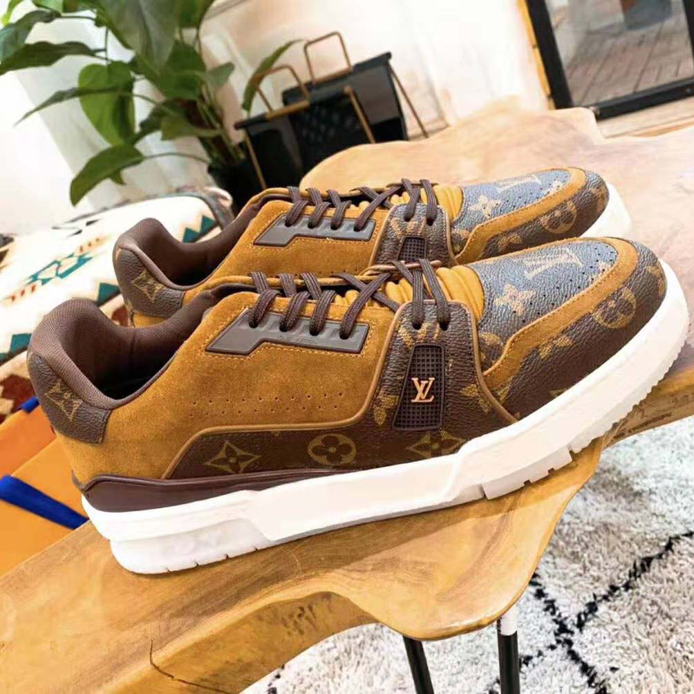 Louis Vuitton LV Unisex LV Trainer Sneaker in Monogram Canvas and Suede Calf Leather-Brown