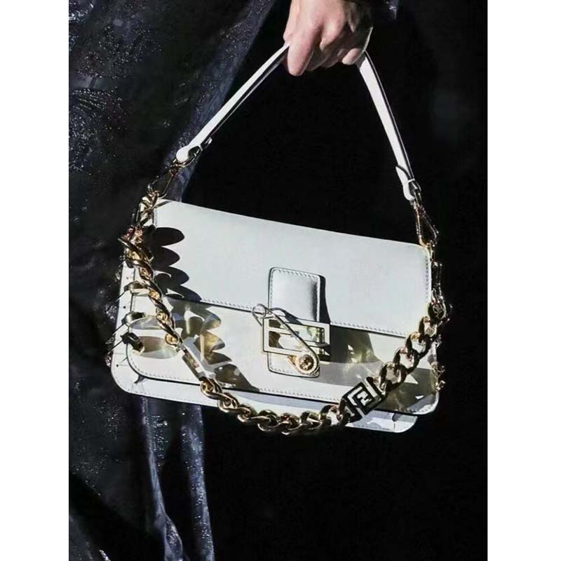Fendi Women FF Baguette Brooch Fendace White Leather Bag