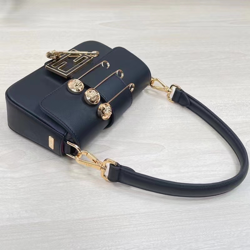 Fendi Women FF Brooch Mini Baguette Fendace Black Leather Bag