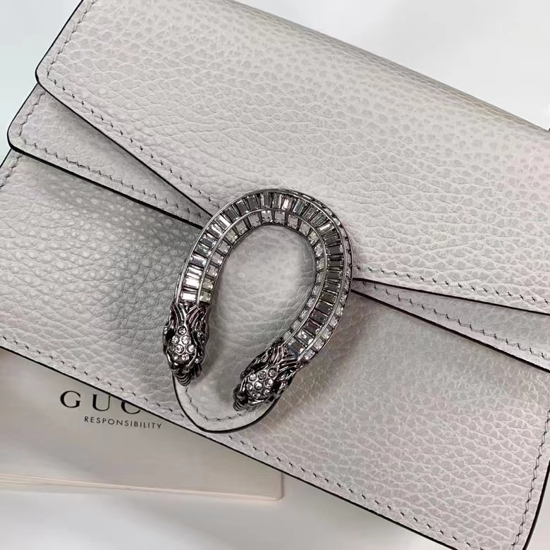 Gucci GG Women Dionysus Mini Top Handle Bag White Leather Crystal Hardware Tiger Head Closure