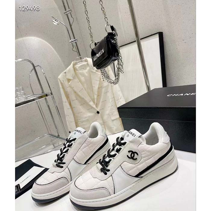 Chanel Women CC Sneakers Fabric Suede Calfskin Calfskin White Light Gray