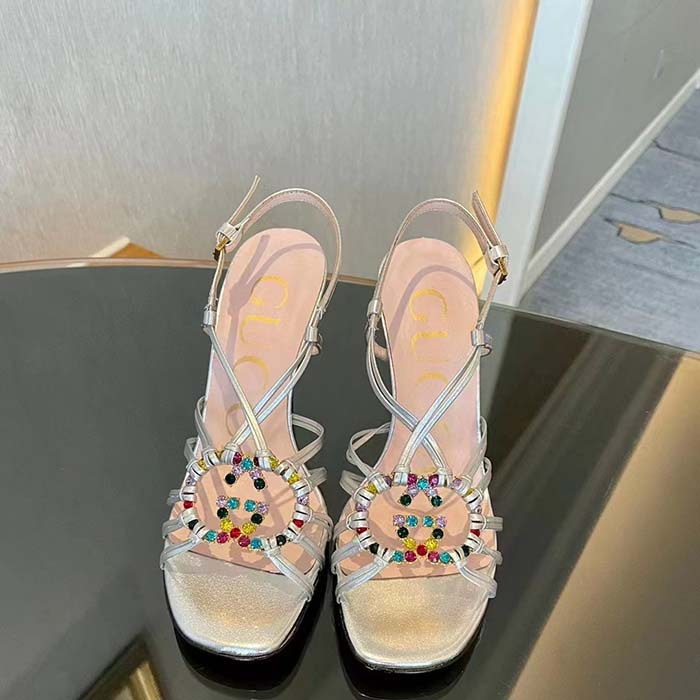 Gucci Women GG Sandal Interlocking G Silver Metallic Leather High 9 Cm Heel