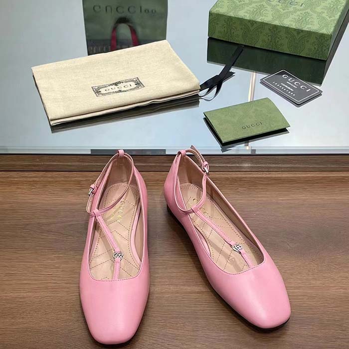 Gucci Women GG Ballet Flat Double G Pink Leather Sole Flat 1 Cm Heel