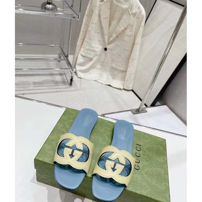 Gucci Unisex Interlocking G Cut-Out Slide Sandal Yellow Light Blue Suede Flat
