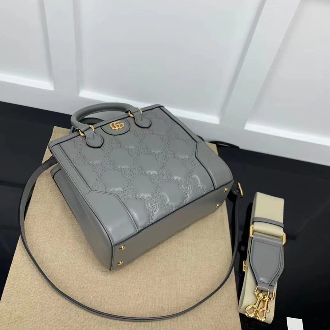Gucci Women GG Matelassé Mini Top Handle Bag Dusty Grey Leather Double G