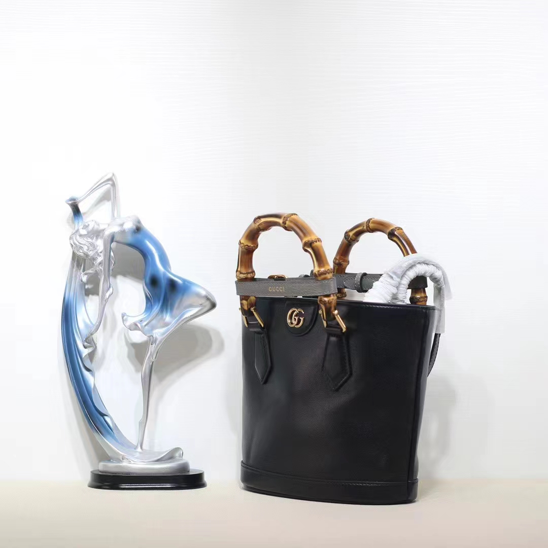 Gucci Women GG Diana Small Tote Bag Black Leather Gold-Toned Hardware Double G