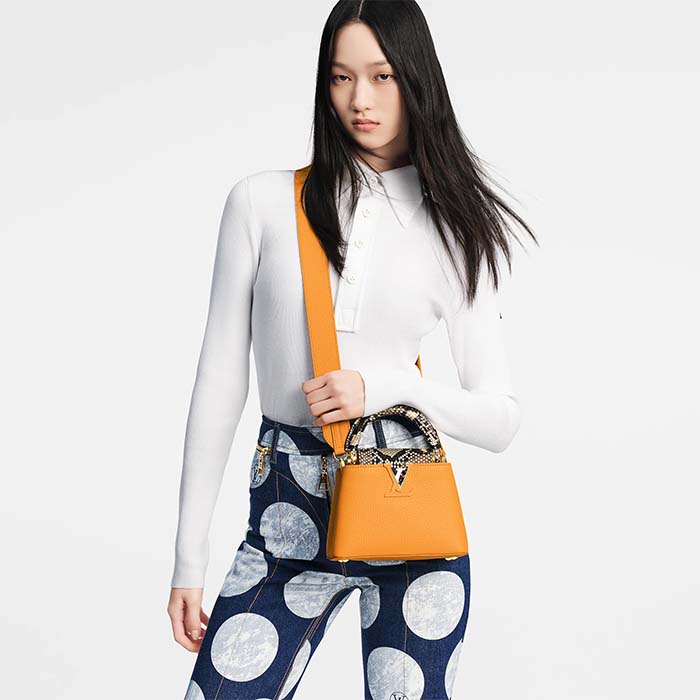 Louis Vuitton LV Women Capucines Mini Handbag Golden Yellow Taurillon Leather Python Skin